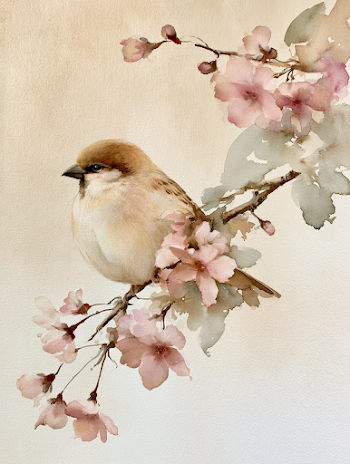 Plump Sparrow on Cherry Blossom Branch