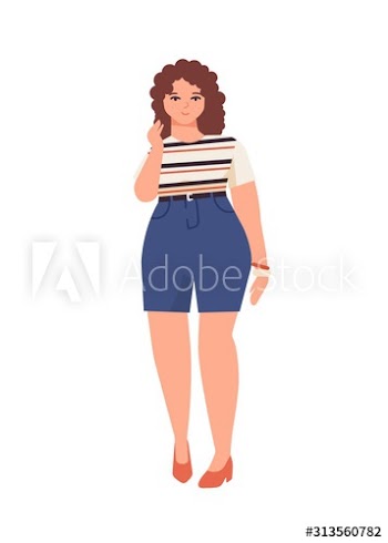 Plus size curly hair girl flat vector illustration