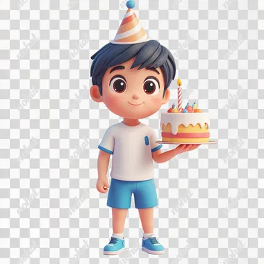 PNG 3D Asian boy with birthday cake, party hat, isometric design, cute character