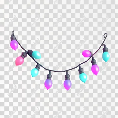 PNG 3D Cartoon Christmas Lights Garland in Turquoise, Pink, and Purple