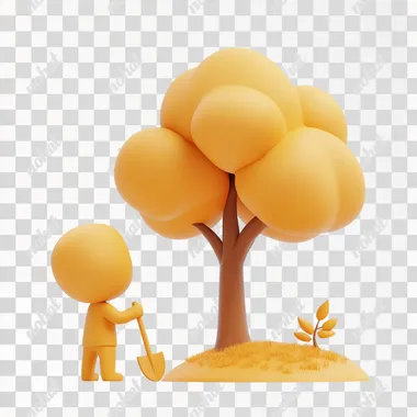 PNG 3D cartoon illustration of a person with a shovel near a tree in a cozy setting