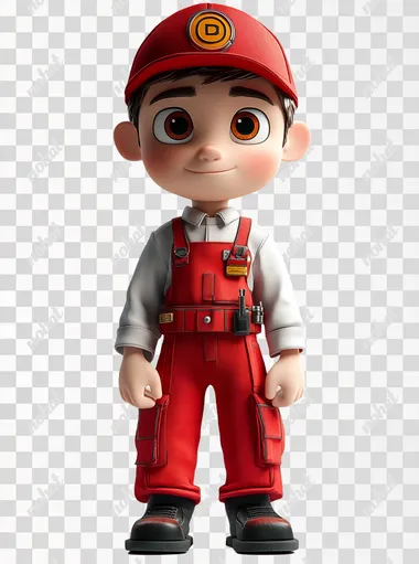 PNG 3D cartoon technician character in red hat and overalls, Disney Pixar style