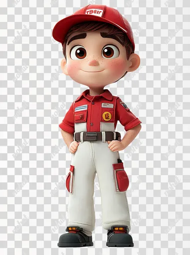 PNG 3D Cartoon Technician Character in Red Hat and White Uniform, Disney Style