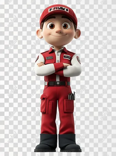 PNG 3D cartoon technician in red uniform and hat, Disney Pixar style, ready