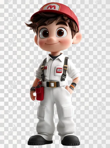 PNG 3D Character Technician Boy in Red Hat and Uniform, Disney Pixar Style PNG 3D Character Technician Boy in Red Hat and Uniform, Disney Pixar Style