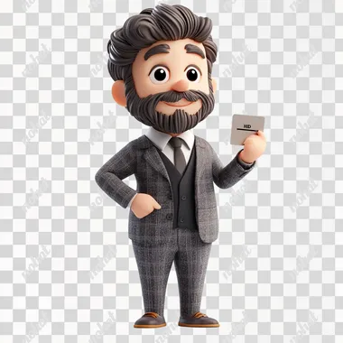 PNG 3D Clay Cartoon Salesman in Suit Holding Credit Card for Home Purchases