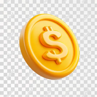 PNG 3D yellow dollar coin icon for finance, minimalistic design, cute style