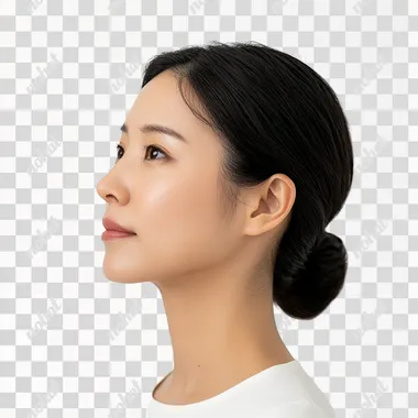PNG 40-Year-Old Korean Woman with Black Hair in White Shirt, Side View PNG 40-Year-Old Korean Woman with Black Hair in White Shirt, Side View