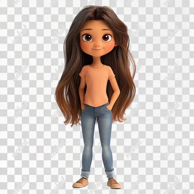 PNG 8-Year-Old Cartoon Girl in Jeans and T-Shirt, Disney Style, 1:1 PNG 8-Year-Old Cartoon Girl in Jeans and T-Shirt, Disney Style, 1:1