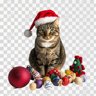 png a cat wearing a santa hat surrounded by christmas ornaments