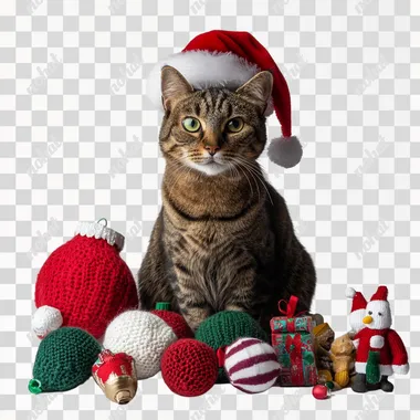 png a cat wearing a santa hat surrounded by christmas ornaments