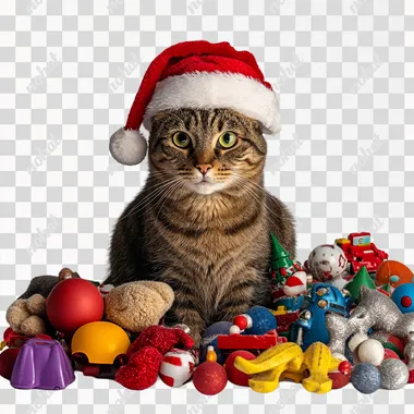 png a cat wearing a santa hat surrounded by toys