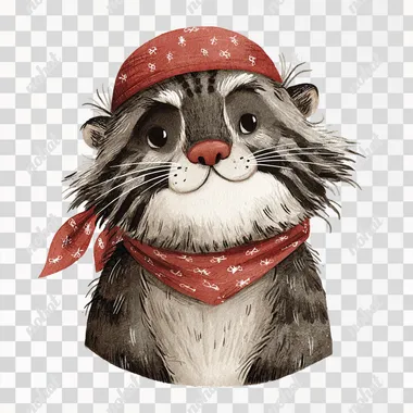 PNG Adorable Pirate Manul Cat in Scarlet Bandana PNG Adorable Pirate Manul Cat in Scarlet Bandana
