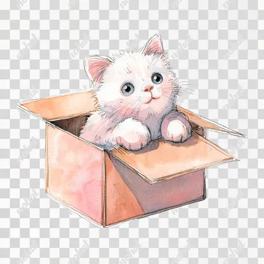 PNG Adorable Watercolor Kitten in a Cardboard Box PNG Adorable Watercolor Kitten in a Cardboard Box
