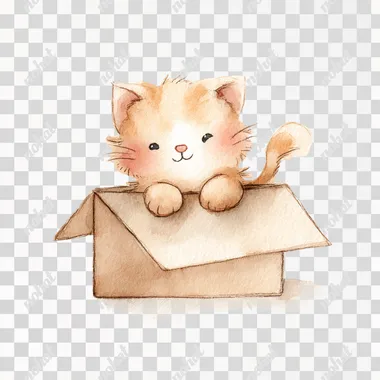 PNG Adorable Watercolor Kitten Playing in a Cardboard Box PNG Adorable Watercolor Kitten Playing in a Cardboard Box
