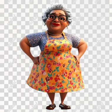 PNG African American grandma baker in apron and glasses, Pixar style, standing