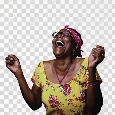 PNG African American woman in yellow shirt, pink headband celebrating lottery win