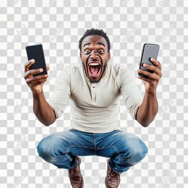 PNG African man sitting on stool excitedly holding two cell phones indoors