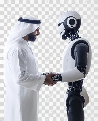 PNG Arab man shaking hands with a robot in a modern setting, realistic photo