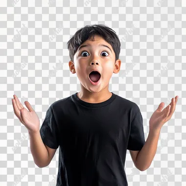 PNG Asian boy in full body shot, happy shock expression, cinematic style