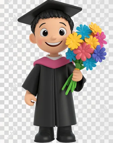 PNG Asian boy in graduation gown holding flowers, 3D Pixar-style illustration
