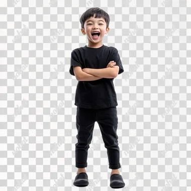 PNG Asian boy standing with arms crossed, happy shock expression, full body