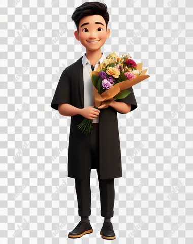 PNG Asian male graduate in black gown joyfully holding colorful flowers