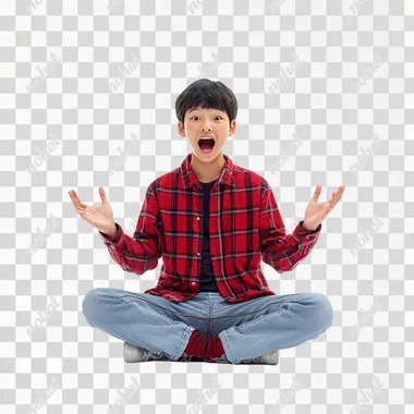 PNG Asian teen boy sitting on floor with hands raised, happy expression