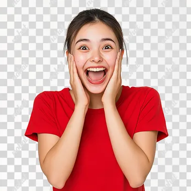 PNG Asian woman in cherry red t-shirt celebrating with excited pose