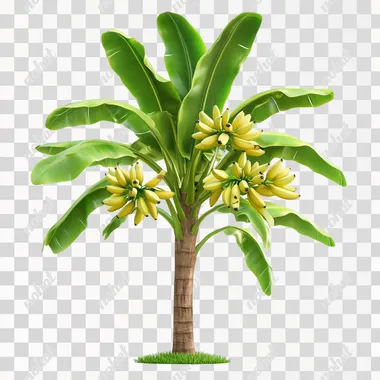 PNG Banana Tree with Bananas, Tropical Plant on White Background, Realistic Style