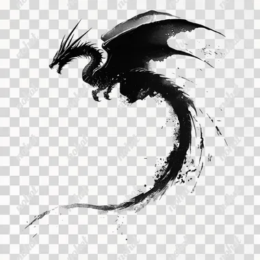 PNG Black and White Dragon Flying in Minimalist Style with High Tail