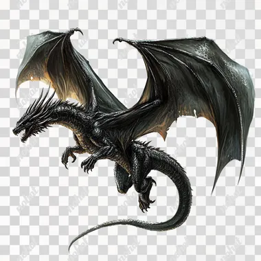 PNG Black Dragon Flying in the Sky Over a Fantasy Landscape