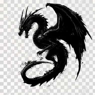 PNG Black Dragon Silhouette Soaring in the Sky Over White Background