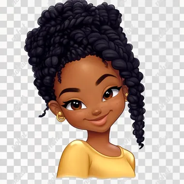PNG Black girl with curly hair in a yellow shirt winking, urban setting PNG Black girl with curly hair in a yellow shirt winking, urban setting