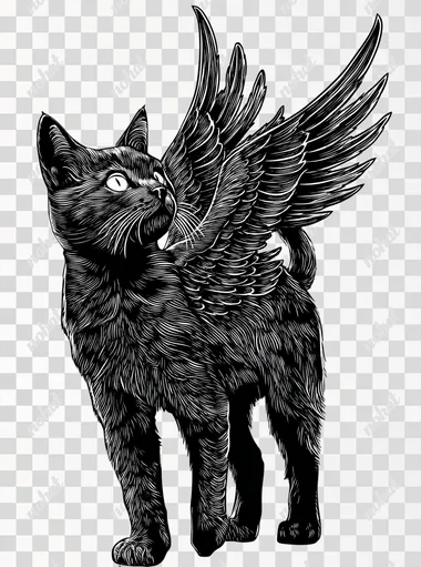PNG Black Winged Cat in Woodcut Style PNG Black Winged Cat in Woodcut Style