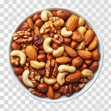 PNG Bowl of Mixed Nuts on Wooden Table, Hyper-Realistic Top View Photography