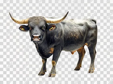 PNG Bull with Large Horns in Natural Habitat on White Background PNG Bull with Large Horns in Natural Habitat on White Background