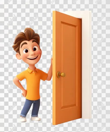 PNG Cartoon character opening door in living area, Pixar-style 3D render PNG Cartoon character opening door in living area, Pixar-style 3D render