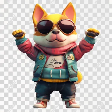 PNG Cartoon dog character in sunglasses and jacket, arms up, playful design