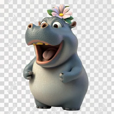 PNG Cartoon female hippo singing with flower on head in river habitat