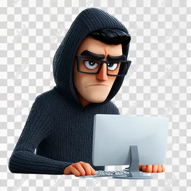 PNG Cartoon hacker in dark hoodie smirking at computer in cozy workspace