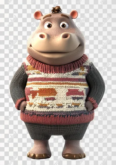 PNG Cartoon hippo in cozy sweater, showcasing unique outfit in nature PNG Cartoon hippo in cozy sweater, showcasing unique outfit in nature