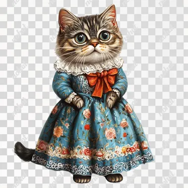 PNG Cat in a blue dress with red bow, living room illustration for kids