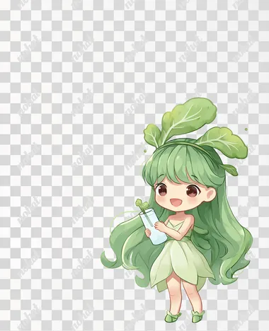 PNG Charming Chibi Leafy Vegetable Girl Illustration PNG Charming Chibi Leafy Vegetable Girl Illustration