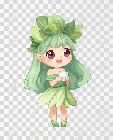 PNG Charming Leafy Vegetable Girl in Chibi Style PNG Charming Leafy Vegetable Girl in Chibi Style