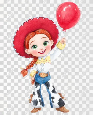 PNG Cheerful Cowgirl Character with Balloon - Watercolor Illustration PNG Cheerful Cowgirl Character with Balloon - Watercolor Illustration