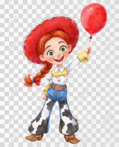 PNG Cheerful Cowgirl Jessie with Balloon - Watercolor Illustration PNG Cheerful Cowgirl Jessie with Balloon - Watercolor Illustration