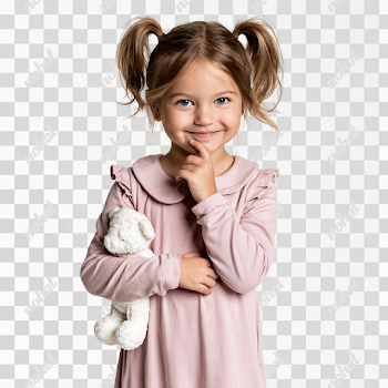 PNG Cheerful Girl with Teddy Bear in Pastel Pink Dress