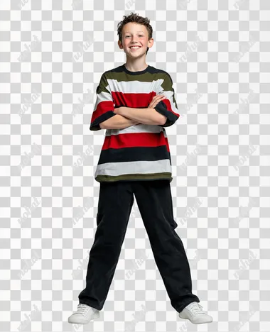 PNG Cheerful Tween Boy in Oversized Striped T-Shirt PNG Cheerful Tween Boy in Oversized Striped T-Shirt