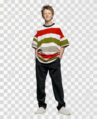PNG Cheerful Tween Boy in Striped Oversized T-Shirt PNG Cheerful Tween Boy in Striped Oversized T-Shirt
